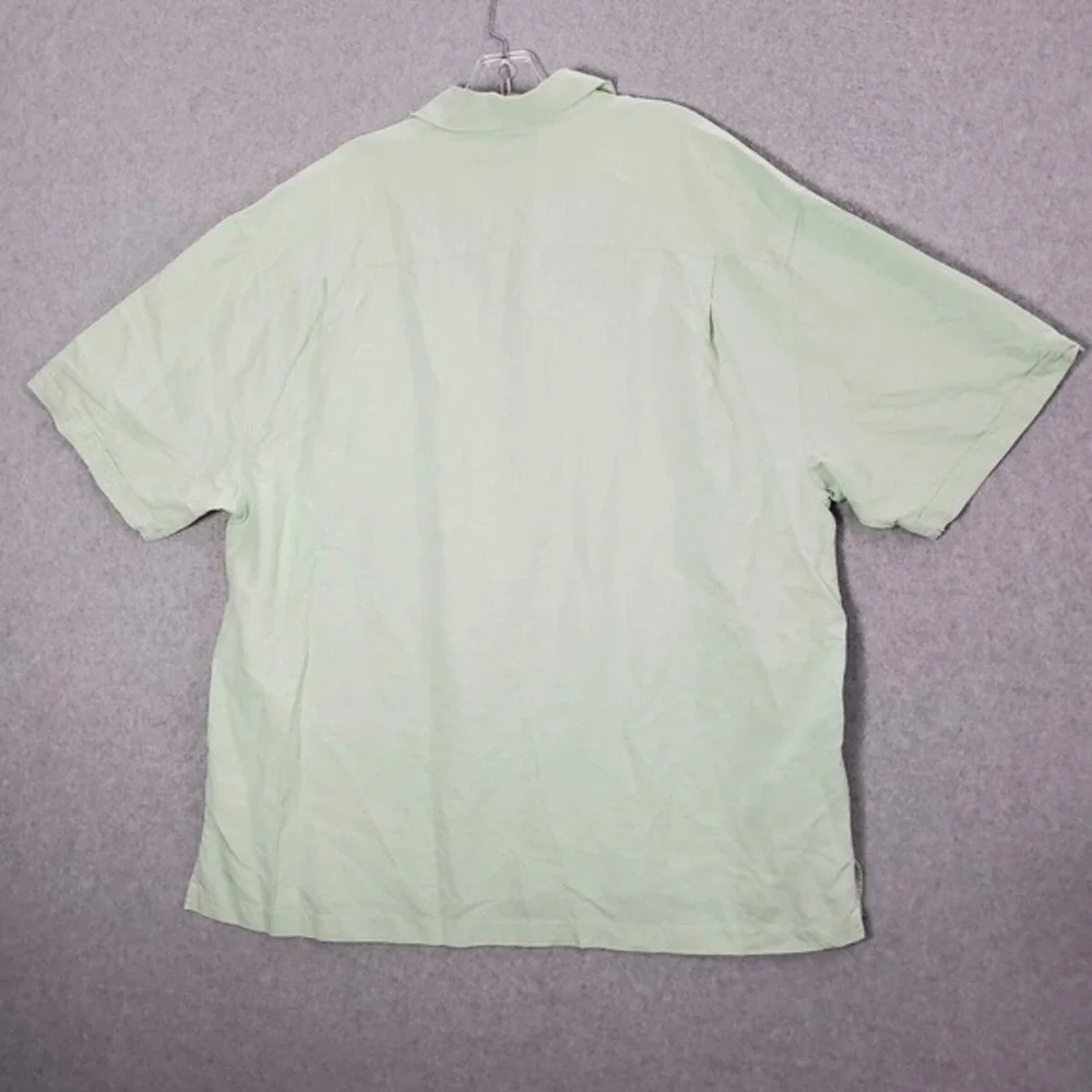 Jamaica Jaxx Men Button Up Shirt 2XL Green 100% Silk‎ Pockets Short Sleeve READ